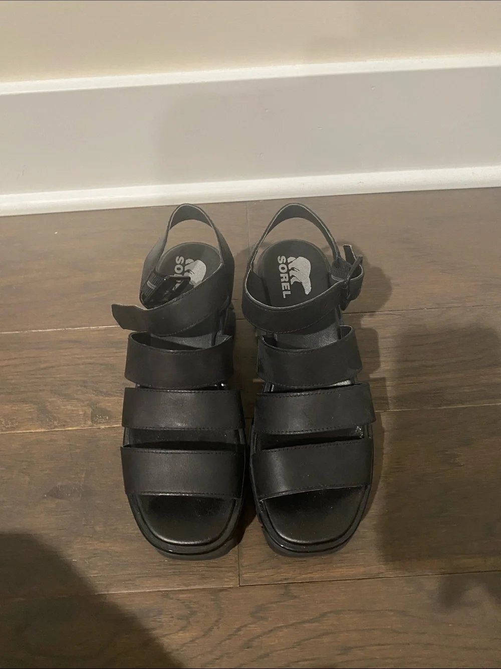Sorel Black Leather Platform Sandals with Wood-Tone Sole